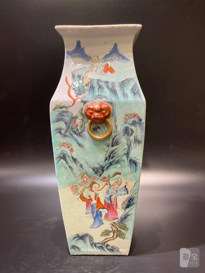 清同治 粉彩群仙祝寿图铺首方瓶 - 图8